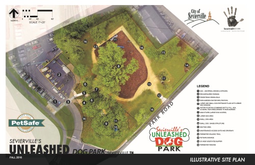 Veranschaulichender Luftbild-Lageplan des Unleashed PetSafe Dog Park der Stadt Sevierville