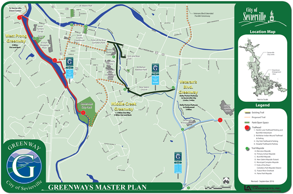 Greenway Color Coded with Signs and Mileage map
